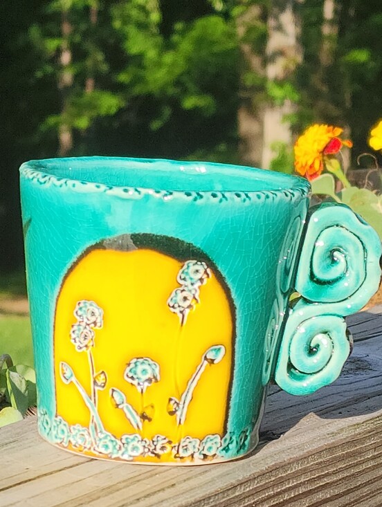 Portuguese Pottery Other - By Nunes Lisboa Portuguese Studio Pottery Mug Signed Artist Turquoise Yellow